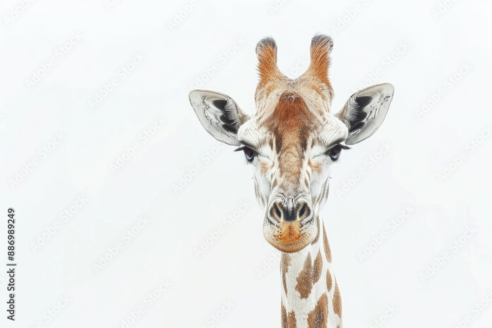 Poster A giraffe stands alone on a plain white background, providing an opportunity to highlight its unique features or use as a neutral backdrop for other elements