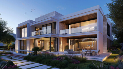 Fototapeta premium Contemporary villa with open-plan living spaces and a lush garden.