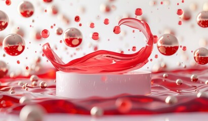 Abstract red fluid with golden bubbles floating in the air on a white background