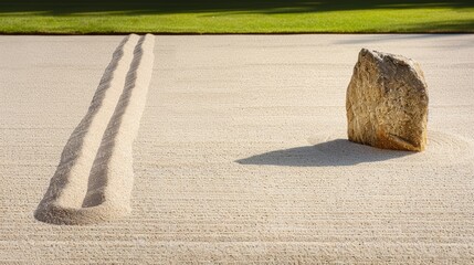 High-definition capture of a zen garden, single rake line in sand, one rock, high-resolution photo, realistic photo, cinematography