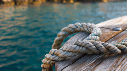 Fototapeta premium A tied rope on a fishing pier carefully woven, with the stories and secrets of the sea woven into it, reflecting the hard work and passion of local fishermen. 