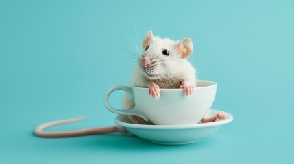Cute domestic rat in white coffee cup isolated on blue background