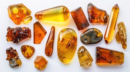 Variety of amber pieces with diverse shapes and colors on white background unique sun stone ancient fossilized resin tree fragments as jewelry material Science of crystal
