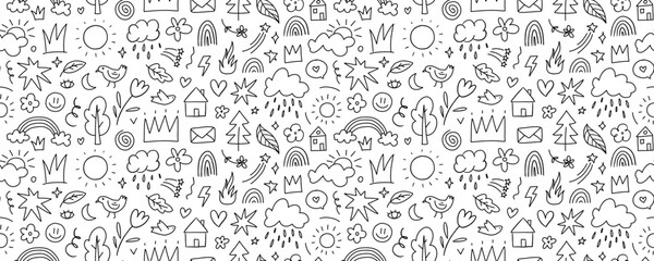 Hand drawn childish doodle seamless pattern with various shapes and elements. Cute doodle wallpaper with birds, crowns, hearts and sun. Kid outline drawings. Seamless pattern for coloring.