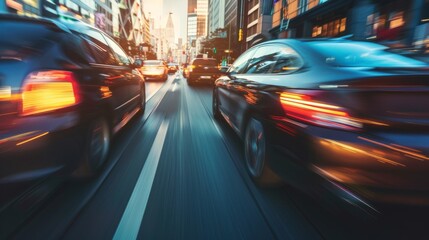 Two cars speed through a busy urban street at twilight, their taillights blurring in motion