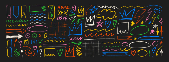 Colorful various crayon drawn arrows, ellipses, underlines, crowns and stars. Doodle lines and shapes with grunge pastel pencil texture for hand drawn notes. Set of doodle vector graphic elements.