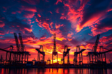 cranes in harbour at sunset