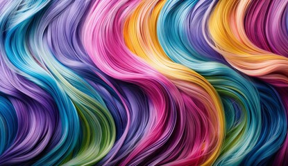 Naklejka premium Abstract background of vibrant display of multicolored hair, flowing in waves, showcasing the texture and waves Hair salon concept. Healthy shiny style.