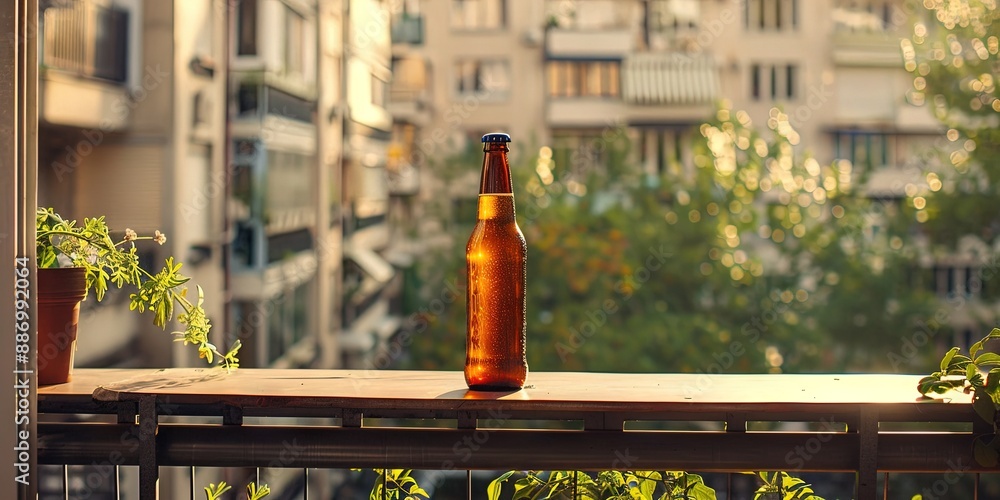 Wall mural beer bottle on balcony ledge of apartment in the city