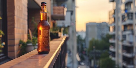 beer bottle on balcony ledge of apartment in the city