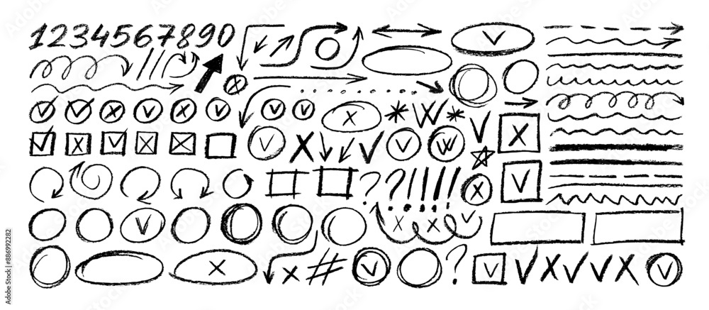 Poster various crayon drawn elements for hand drawn notes, diagrams and journaling. underline and emphasis 