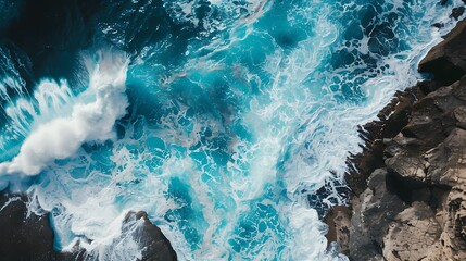 Fototapeta premium Overhead view of ocean waves crashing into a rocky coast, in deep sea blue and ivory, ultra HD, minimalist and bold
