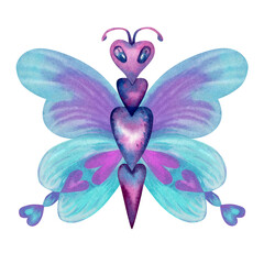 Purple, pink and azure butterfly, consisting of heart-shaped elements. Watercolor illustration for template cards, posters, invitations for valentine's day, wedding, engagement, declaration of love