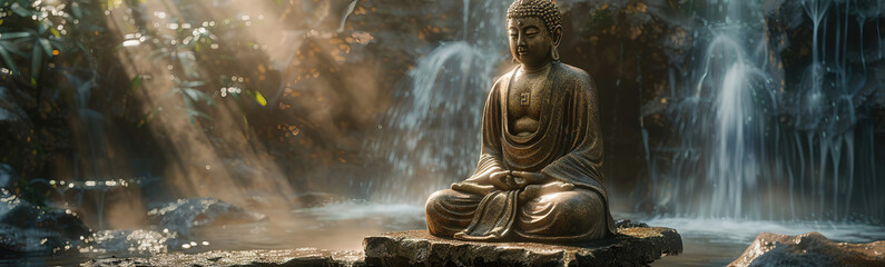 A serene statue of Buddha sits in meditation before a cascading waterfall.