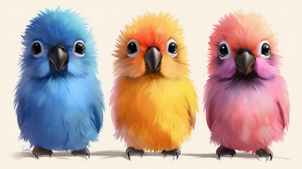 Fototapeta premium Close up of three pink, yellow, blue Baby Parrots Illustration on beige background. Pets Concept. Suitable for Cover, Print, Wallpaper, Banner, Fabric 