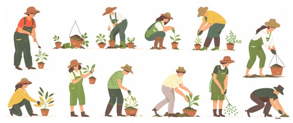 Fototapeta premium People working in garden during autumn harvest, planting and taking care of plants