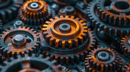 In a precise symphony, interlocking gears and cogwheels fit together flawlessly, representing the complex machinery of industry and the collaborative strength of teamwork.