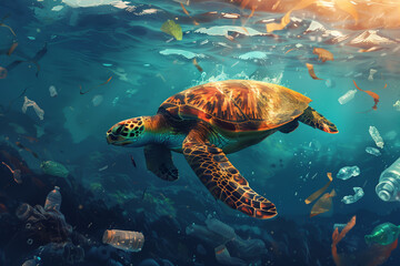 Obraz premium Turtle swims near a plastic bottle or bag. The concept of plastic pollution in ocean.