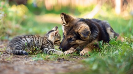 A heartwarming moment captured between a dog and a cat at play, showing a puppy and a kitten joyfully playing together.
