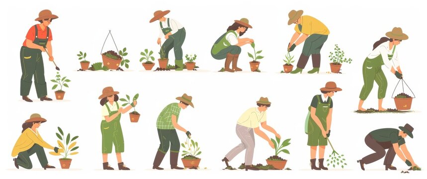 People working in garden during autumn harvest, planting and taking care of plants