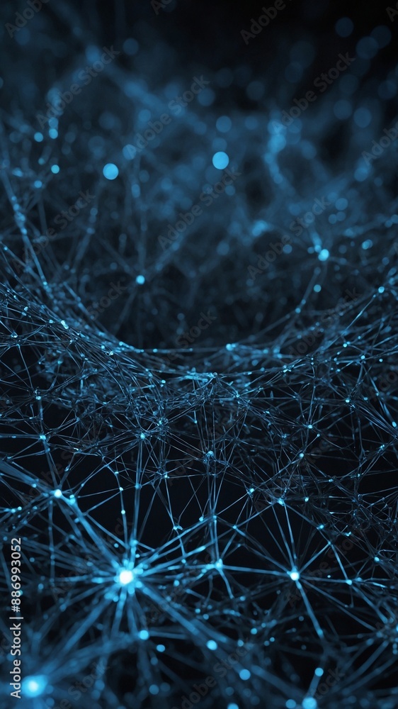 Poster luminous network of interconnected nodes pulses against dark backdrop, resembling digital neural net
