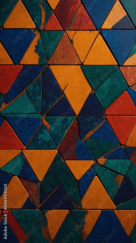Poster intricate mosaic of colorful triangles forms abstract pattern against dark backdrop. arrangement app