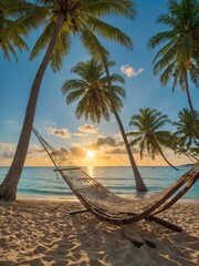 Hammock sways gently between two palm trees on sandy beach, inviting relaxation. Sun sets over ocean, casting warm glow on tranquil scene. Clear skies, gentle waves complete this tropical paradise.