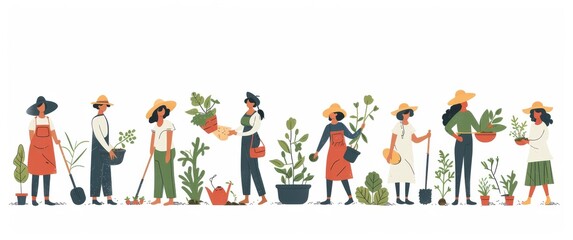 Fototapeta premium Group of people gardening and planting during autumn harvest season