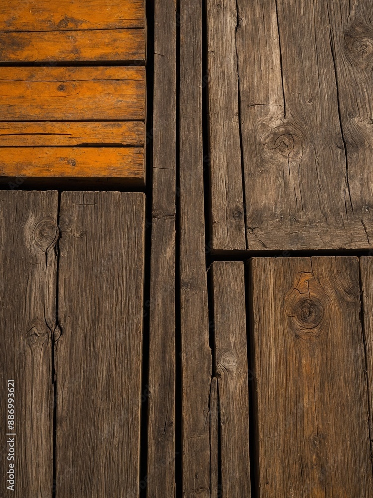 Poster sunlight filters through gaps between wooden planks, casting warm, diagonal shadows on textured surf