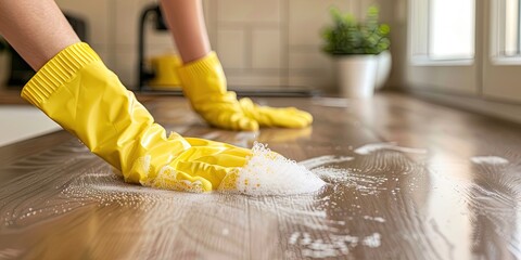 Cleaning concept with adult scrubbing kitchen counter and sink