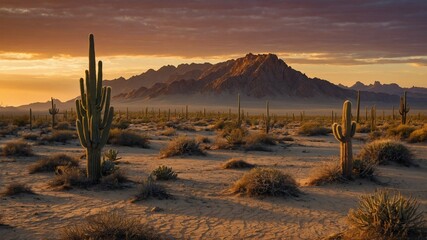 Amidst arid desert, towering cacti stand sentinel, casting elongated shadows in warm glow of dawn, dusk. Rugged mountains frame horizon, their peaks silhouetted against orange, yellow streaked sky.