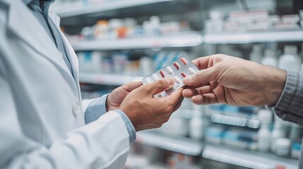 Close-up of pharmacist handing blister pack of capsules to customer in a pharmacy. Healthcare, patient care, and medication dispensing.