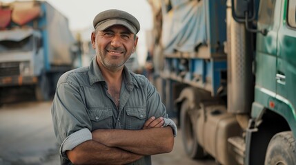 Middle Aged Man Smiling Outdoors, Wearing Casual Work Attire, Standing Near Trucks, Industrial Background, Diverse Workforce