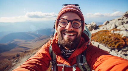 Young tourist reaching the top of a mountain taking a selfie. The inspiring lifestyle of an athlete and social media influencer.