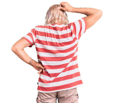 Old senior man with grey hair and long beard wearing striped tshirt backwards thinking about doubt with hand on head