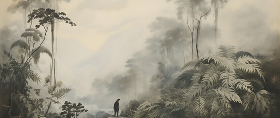 Abstract artistic wall art with bird standing on trees in Renaissance style . Retro, nostalgic, vintage canvas. Textured background. Oil on canvas. modern mural art