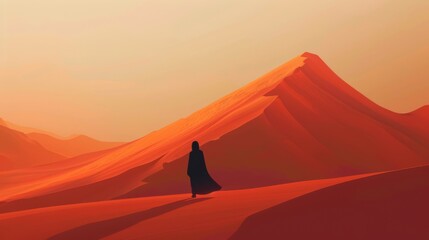 A minimalist representation of a wanderer in a vast desert landscape