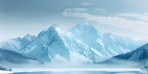 Snowy blue mountain landscape in blue tones. Digital painting with abstract style. Winter nature and outdoor concept for design and print. Design for poster, wallpaper, banner. Panoramic view.