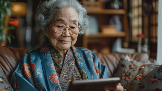 Old lady with Japanese traditional clothes holding tablo