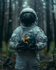 An astronaut in a space suit holds a planet in his hands against a graygreen dark forest background focal length mm cinematic a little depressive