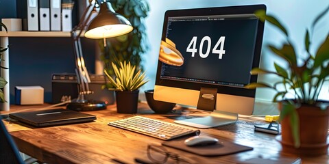 home office with computer monitor on desk, "404" on screen