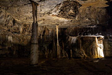 Obraz premium Postojna Cave, Slovenia. Famous tourist attraction, route that winds for several km. Departure by train to reach the route on foot. Stalagmites, stalactites and proteus lizard. family holidays,unique.