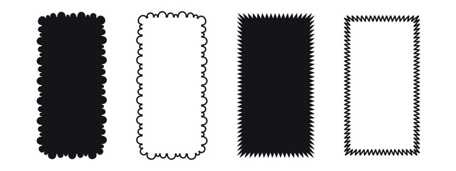Set of rectangular zigzag, scalloped and wavy frame. Pop vintage groovy border. Vector illustration on white background