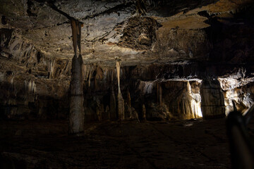 Postojna Cave, Slovenia. Famous tourist attraction, route that winds for several km. Departure by train to reach the route on foot. Stalagmites, stalactites and proteus lizard. family holidays,unique.
