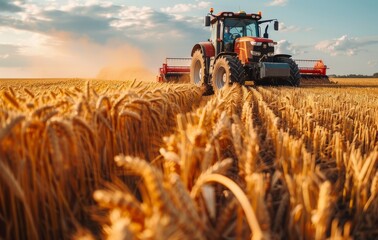 Fototapeta premium Tractor and harvester working together in a golden wheat field during harvest season