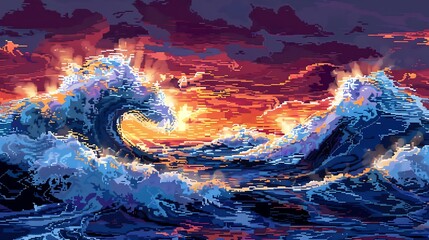 Pixelated interpretation of turbulent sea waves in shades of cerulean and cobalt, contrasting against a digital sunrise of magenta and amber.