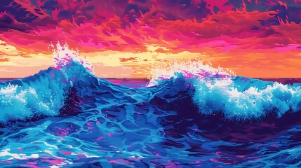 Pixelated interpretation of turbulent sea waves in shades of cerulean and cobalt, contrasting against a digital sunrise of magenta and amber.