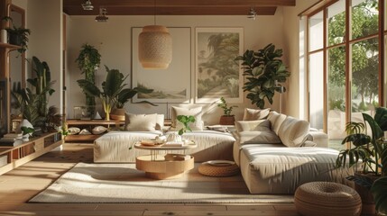 Fototapeta premium An interior in a aspect ratio showcasing a japandiscandinavian style living room the room should feature abundant oak wood warm earth tones and beige colors