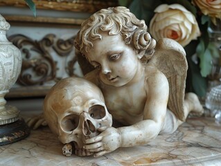 Naklejka premium cherub angel flying holding a skull, stone sculpture