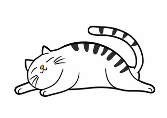 Illustration of a cute cat stretching its body on a white background drawn in black and white the illustration has simple lines and a flat design